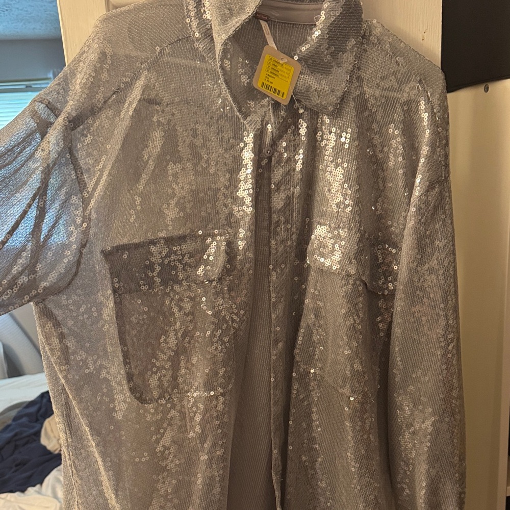 Free People Silver Sequin Shirt Jacket